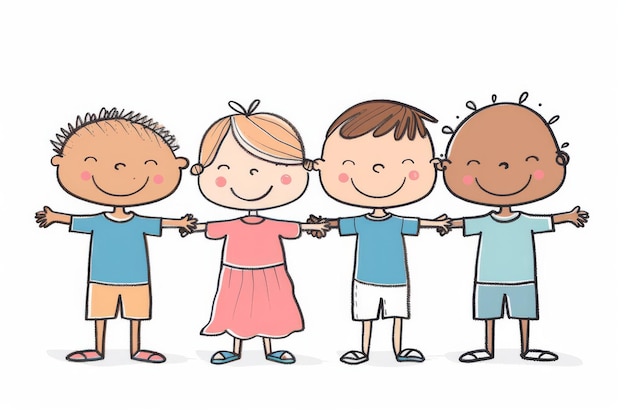 PSD color drawing of ethnically diverse children shaking hands concept of diversity and inclusion