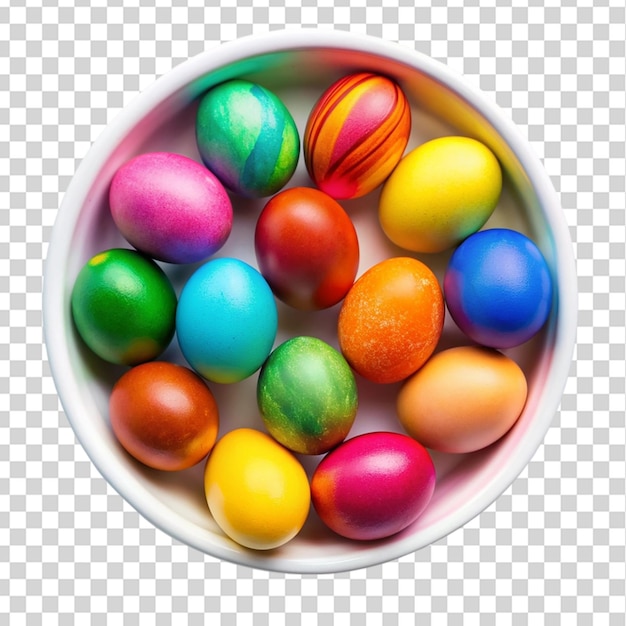 PSD colored easter eggs in white bowl top view isolated on transparent background