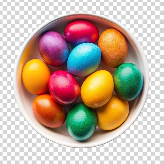 Colored easter eggs in white bowl top view isolated on transparent background