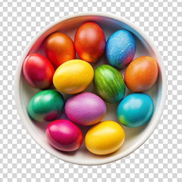 Colored easter eggs in white bowl top view isolated on transparent background