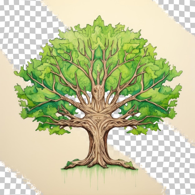 A colored marker drawing of a tree with a green crown on a transparent background