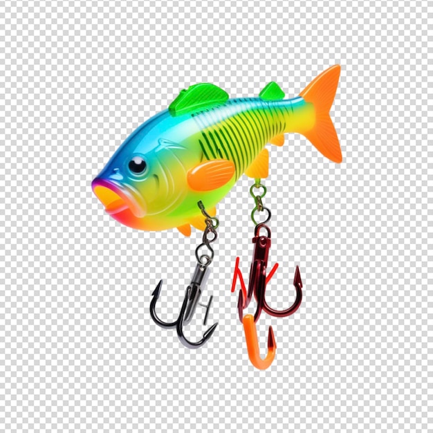 Colored plastic wobbler with hook for catching fish on transparent background