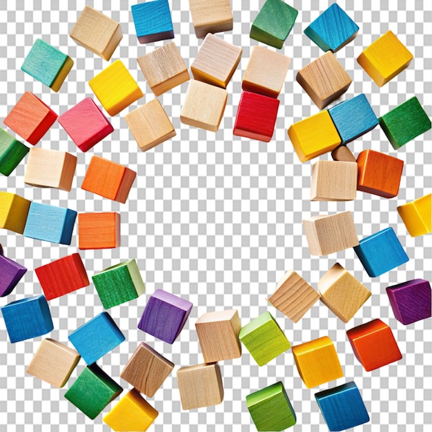 PSD colored wooden cubes scattered in a mess on transparent background