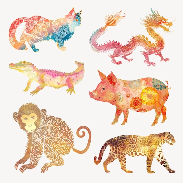 PSD colorful animal art illustration set