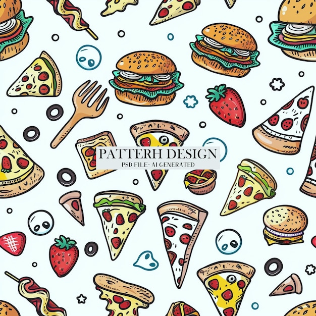 Colorful and appetizing handdrawn food doodles and pizza and burger