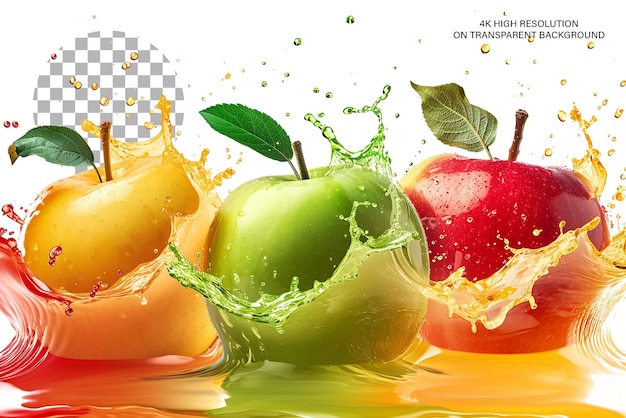 Colorful Apple Splash Red green apples in juice splash on transparent background