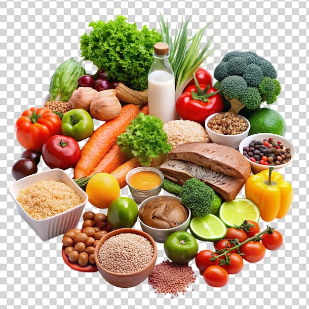 A colorful assortment of fruits and vegetables arranged in a circle on transparent background