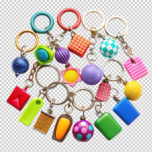 PSD a colorful assortment of various key chains on transparent background