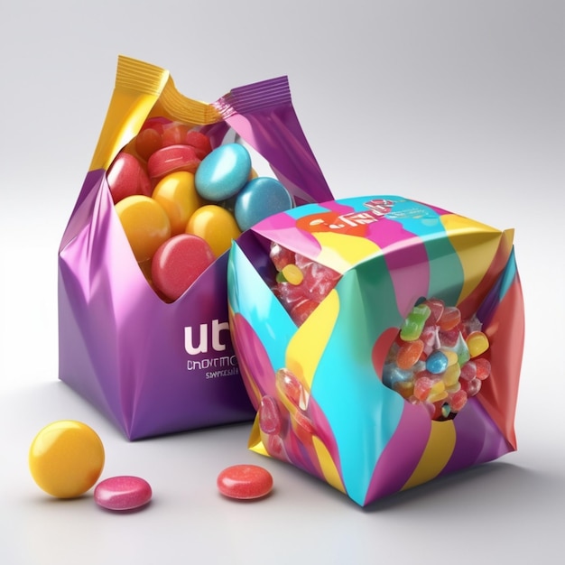 a colorful bag of different colored balls and a box of m amp t