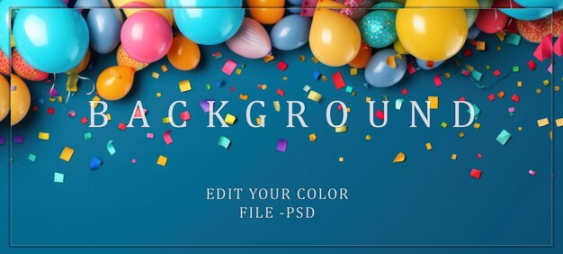 PSD colorful balloons and confetti on a blue background