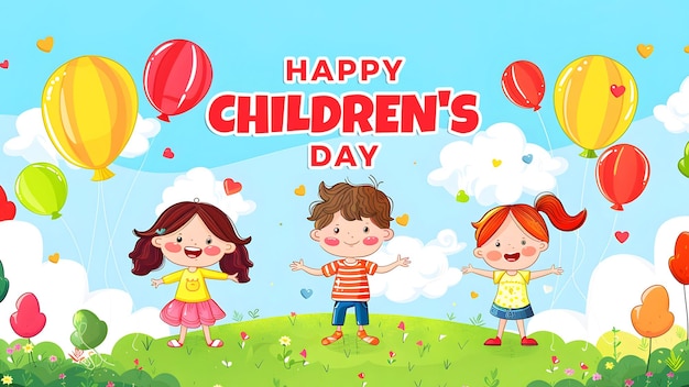 a colorful banner for childrens day with children paying