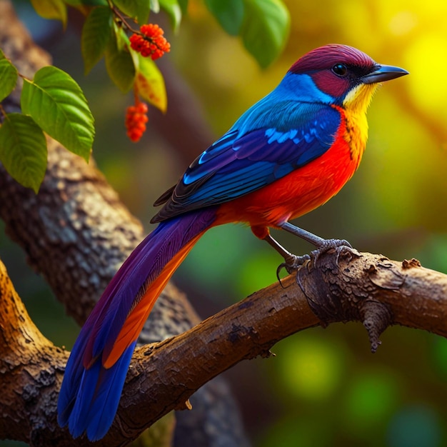 a colorful bird is perched on a branch with a blue and red tail