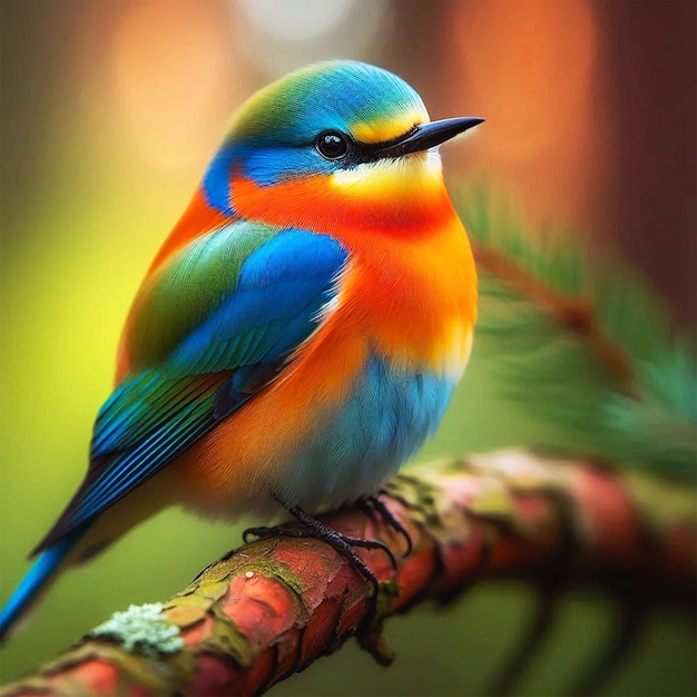 A colorful bird is sitting on a branch with a blurry background