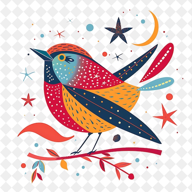 PSD a colorful bird is sitting on a branch with stars and stars