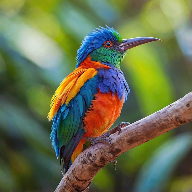 PSD a colorful bird sits on a branch in a tropical forest