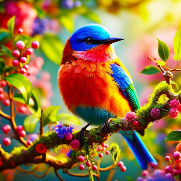 a colorful bird sits on a branch with berries and berries