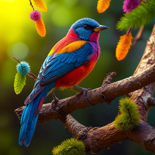 PSD a colorful bird sits on a branch with colorful feathers