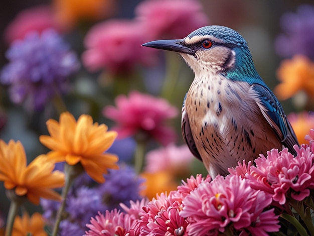 PSD a colorful bird sits on a flower bed with flowers in the background