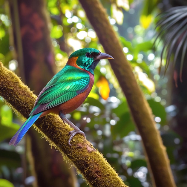 PSD a colorful bird sits on a flower bed with flowers in the background