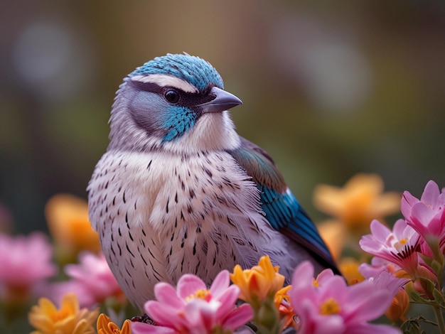 PSD a colorful bird sits on a flower bed with flowers in the background