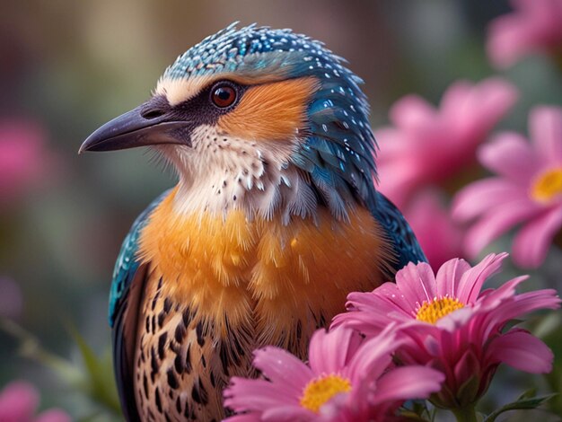 PSD a colorful bird sits on a flower bed with flowers in the background