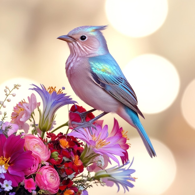 PSD a colorful bird sits on a flower bed with flowers in the background