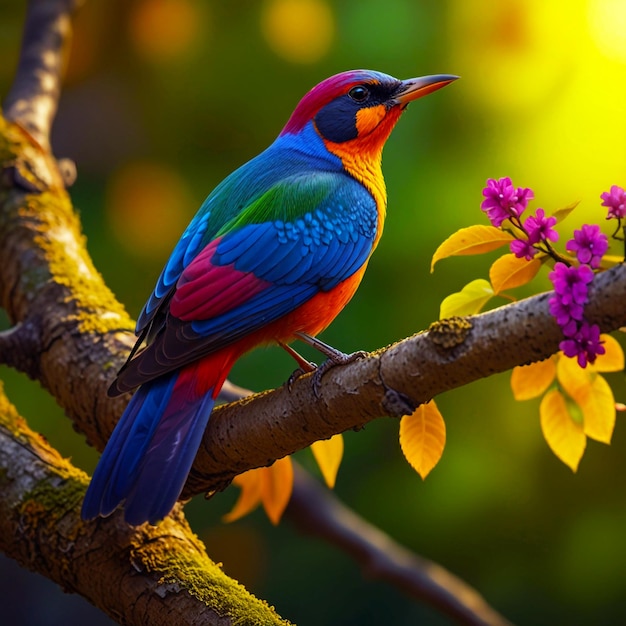 PSD a colorful bird sits on a tree branch with a purple flower in the background