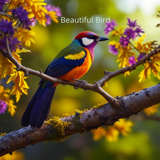 a colorful bird on a tree branch with the words beautiful birds in the bottom right corner