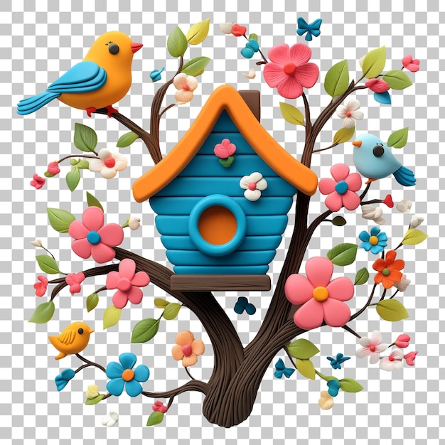 Colorful Birdhouse with Birds and Flowers on a Tree Branch