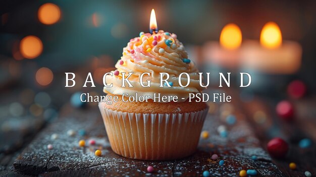 PSD colorful birthday cupcake with one candle on blurred and bokeh background closeup