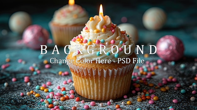 PSD colorful birthday cupcake with one candle on dark background closeup