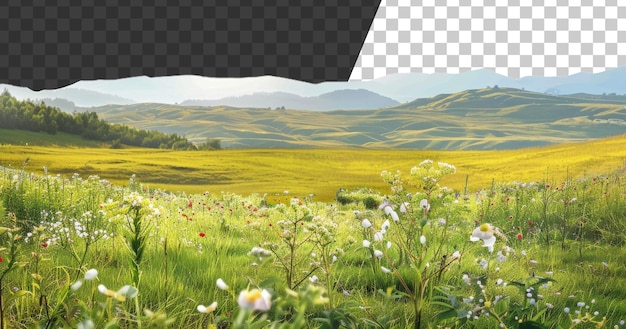 Colorful blossoming hillside with vibrant wildflowers and scenic views on transparent background stock png