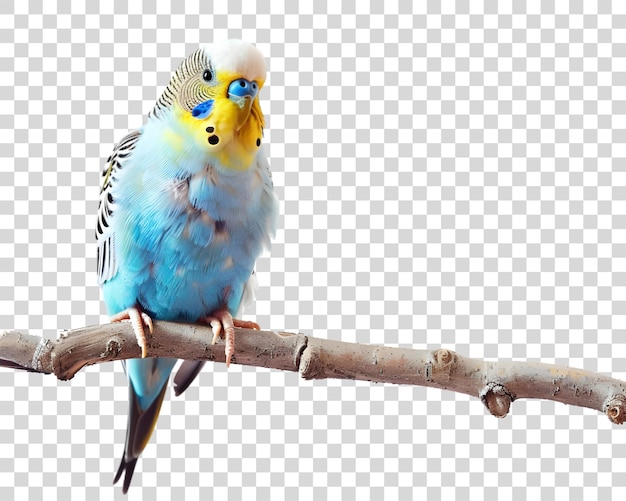 PSD colorful budgie chirping on a perch stick on transparent background