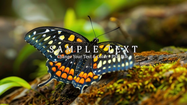 PSD colorful butterfly on mossy log