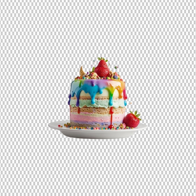 PSD a colorful cake with a rainbow colored top sits on a plate with a plate with a strawberry and strawberry on it