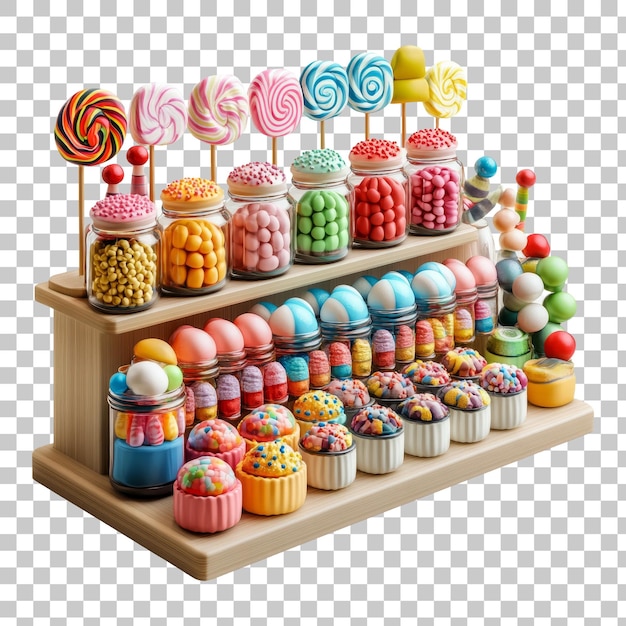 PSD colorful candy display with lollipops gumballs and cupcakes on wooden stand