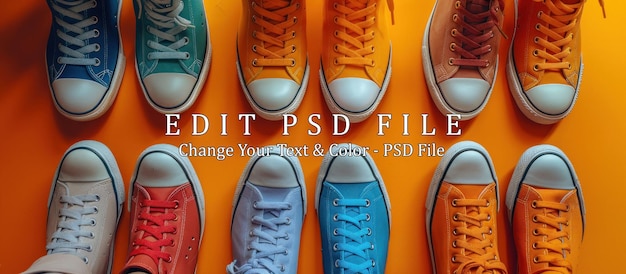 PSD colorful canvas sneakers on a vibrant orange background