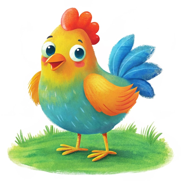 A colorful cartoon Chicken with bright color fur and a fluffy