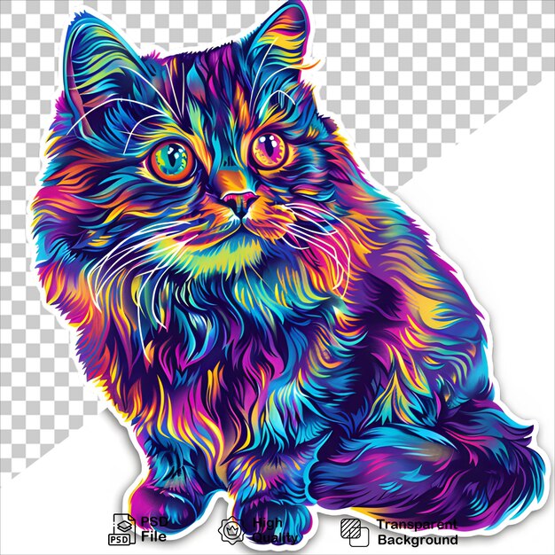 PSD colorful cat face sticker illustration ready to use isolated on transparent background