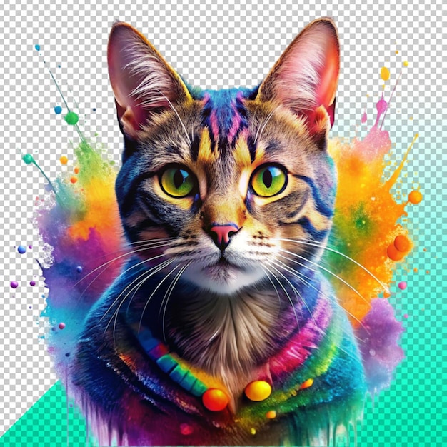 PSD colorful cat on paintsplashes on transperent background