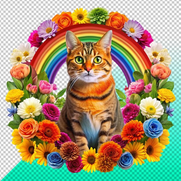 PSD colorful cat with flower and rainbow arrangement on transperent background