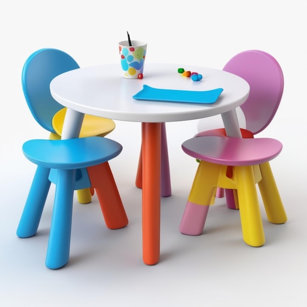 a colorful chair and table with a straw on it