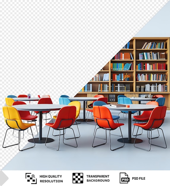 PSD colorful chairs surrounding a round table in a room with bookshelves filled with books against an isolated background