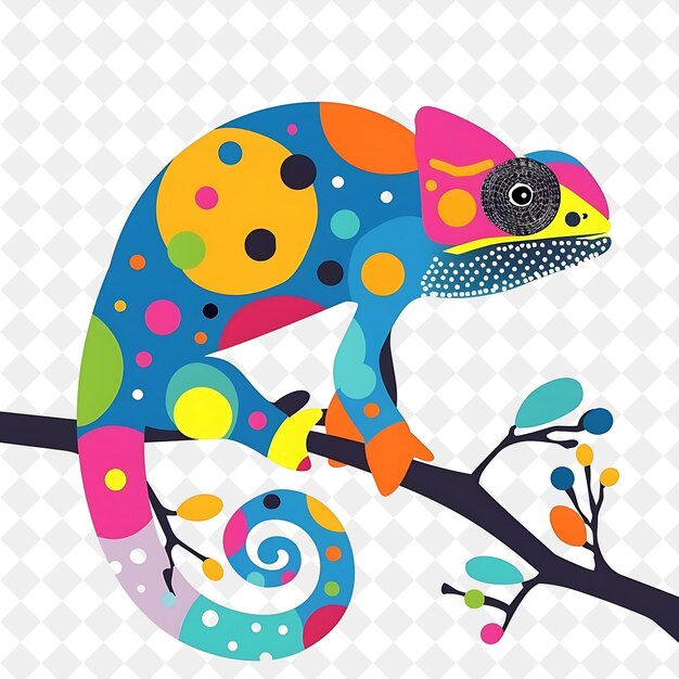 PSD a colorful chameleon is sitting on a branch with colorful spots