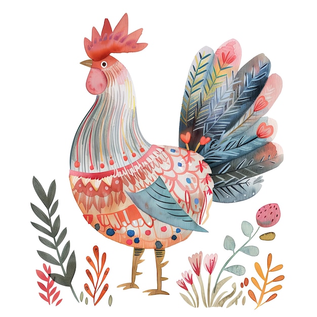 PSD a colorful chicken with a flowery background