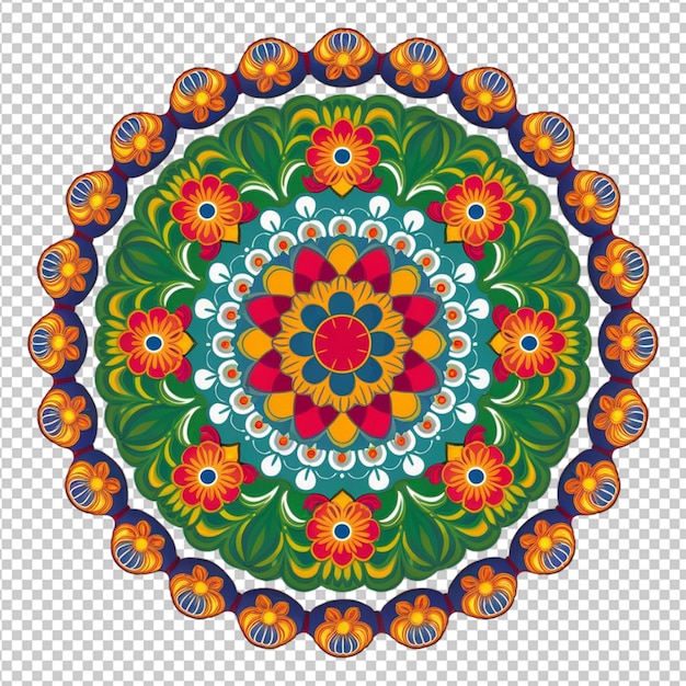 PSD colorful circular rangoli with intricate floral patterns isolated