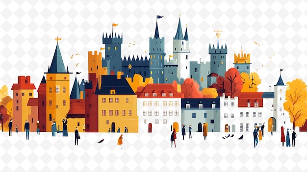 a colorful city with a castle and people