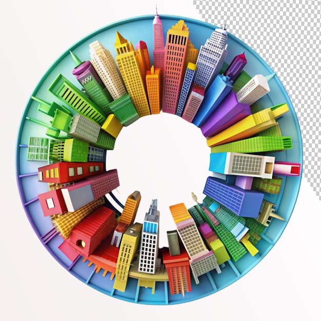 PSD colorful city with a round circle on transparent background