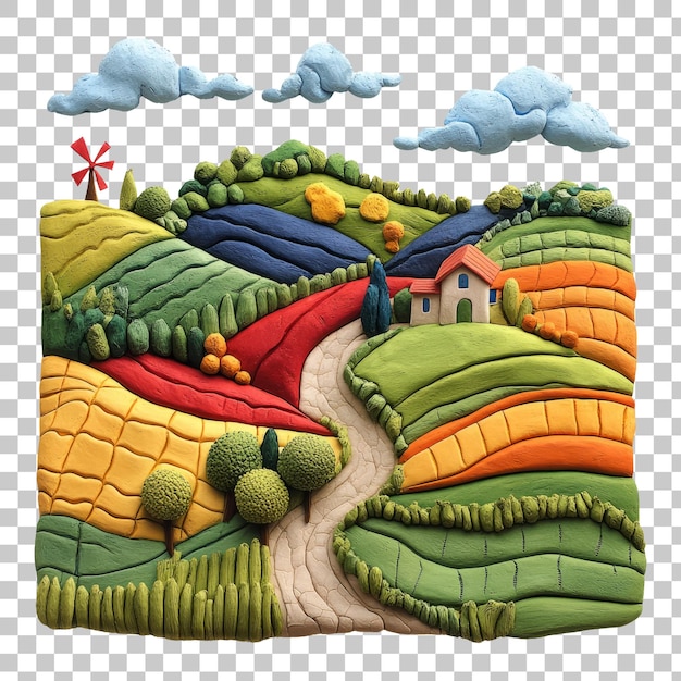 PSD colorful clay landscape with countryside house and windmill