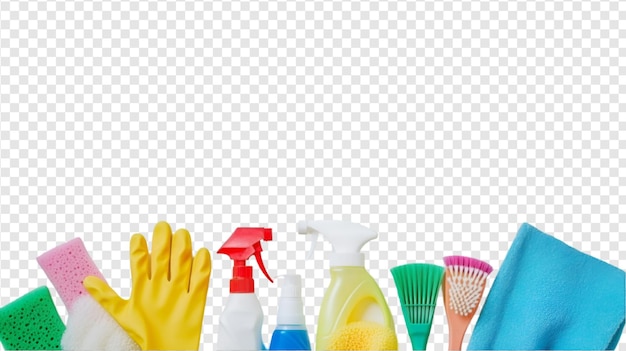 PSD colorful cleaning supplies arranged on a transparent background